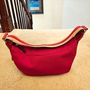 Vintage Anne Klein Red Fabric w Canvas & Leather Strap Shoulder Bag.